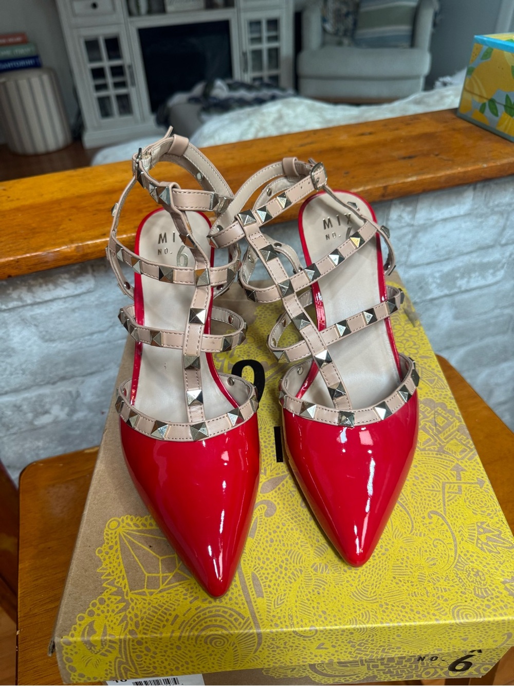 Mix No. 6 Red Patent Pointed-Toe Studded Strappy Heels